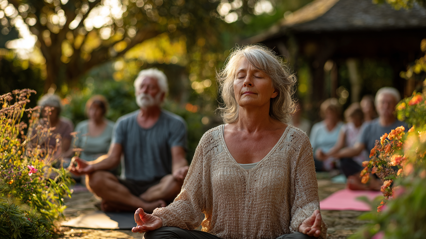 Зріла жінка займається йогою з планшетом